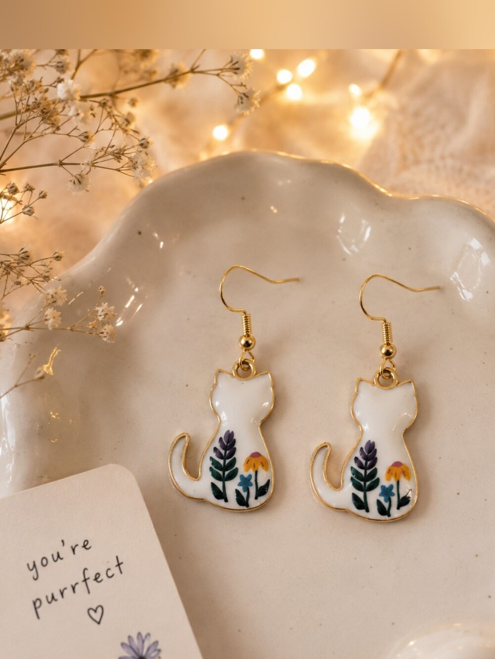 2 for $18 Cat Silhouette Floral Drop Earrings - White New